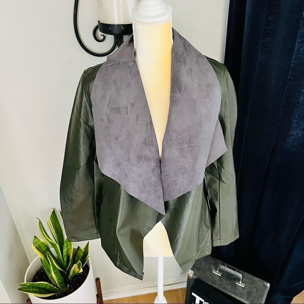 Tahari Faux Leather Moto Drape Wrap Jacket, Comfy Dark Green, Size‎ Small, NWT